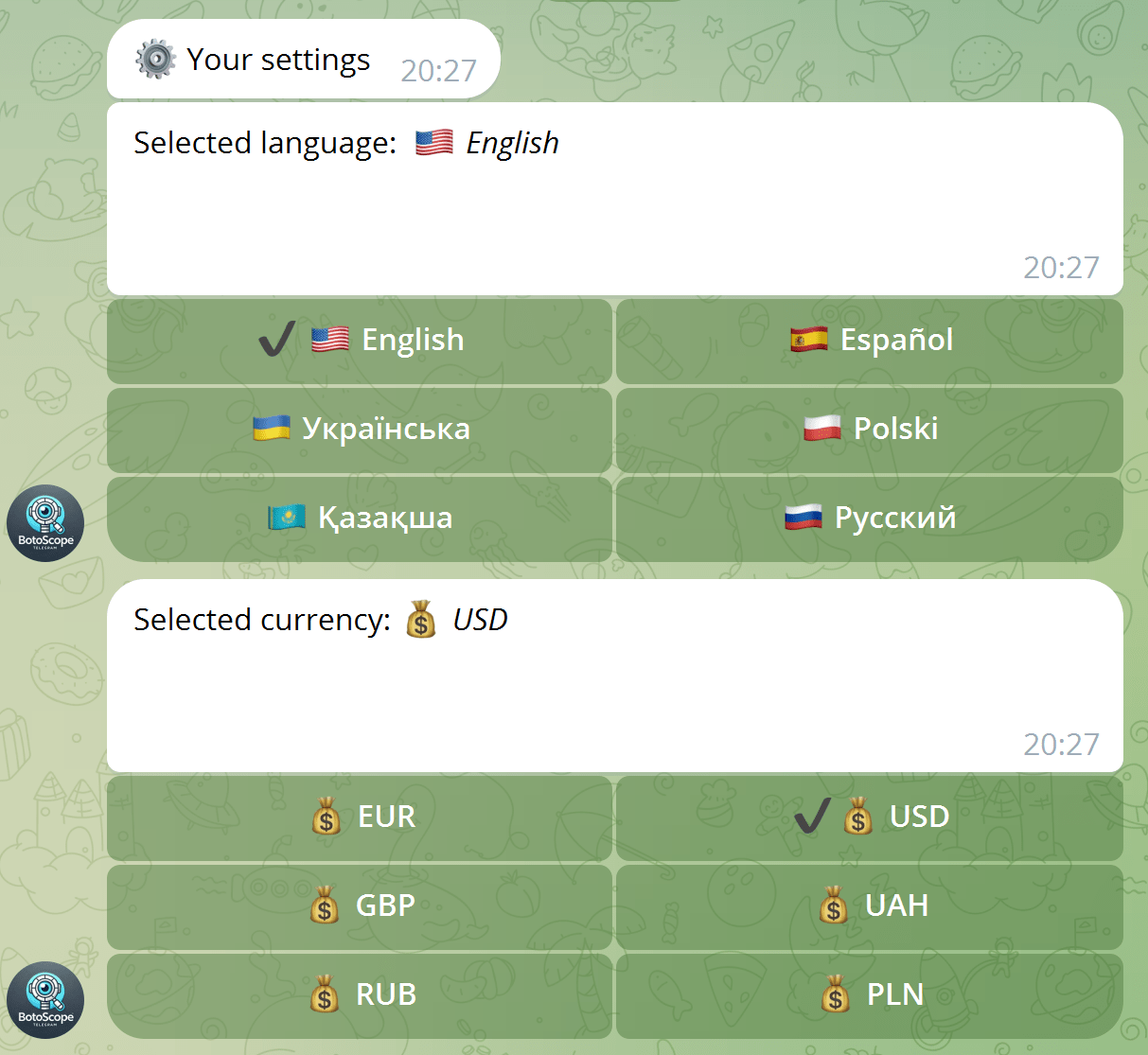 Currency switcher in Telegram store